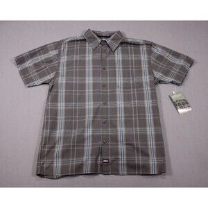 NEW Dickies Button Up Shirt Men Gray Plaid Relaxed Fit Woven Flex Short Sleeve L
